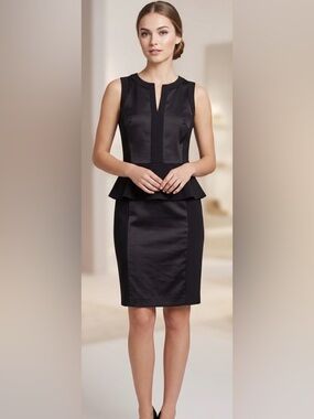 Vince Camuto Black Sleeveless Peplum Sheath Dress Split Neckline Back Zipper